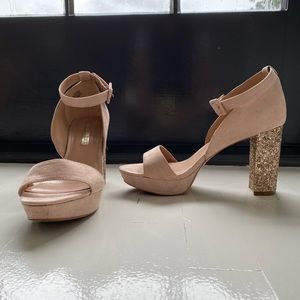 Neutral light blush tone heels with glitter heel by Audrey Brooke
